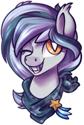 Size: 370x550 | Tagged: safe, artist:breioom, derpibooru import, oc, oc:cobalt comet, unofficial characters only, bat pony, bandana, bat pony oc, bust, clothes, commission, fangs, looking at you, one eye closed, portrait, scarf, simple background, smiling, solo, transparent background, wink