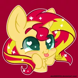 Size: 1200x1200 | Tagged: safe, artist:snow angel, derpibooru import, sunset shimmer, pony, unicorn, :p, bust, chibi, cute, female, heart eyes, mare, red background, shimmerbetes, silly, silly pony, simple background, smiling, solo, sparkles, tongue out, wingding eyes