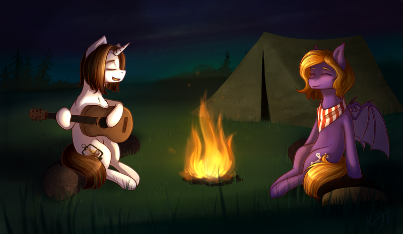 Size: 3100x1800 | Tagged: source needed, useless source url, safe, artist:shiro-roo, derpibooru import, oc, oc:butter cream, oc:light landstrider, unofficial characters only, bat pony, pony, unicorn, bandana, campfire, camping, commission, cutie mark, eyes closed, female, fire, grass, guitar, logs, love, male, mare, night, singing, smiling, stallion, tent