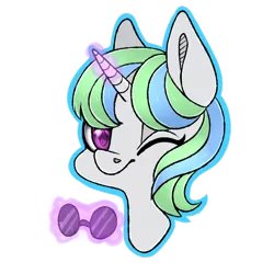 Size: 1024x1024 | Tagged: safe, artist:pinipy, derpibooru import, oc, oc:crescent, unofficial characters only, unicorn, blind, bust, commission, glasses, magic, one eye closed, portrait, simple background, solo, transparent background, wink