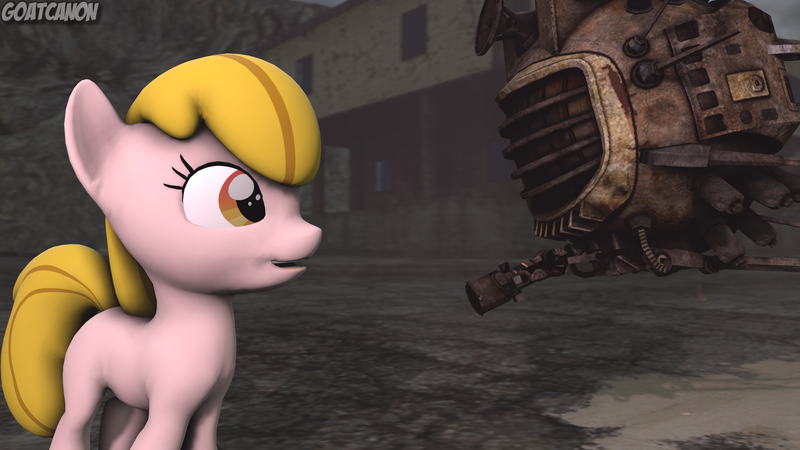 Size: 3840x2160 | Tagged: safe, artist:goatcanon, artist:wiimeiser, derpibooru import, spike, oc, oc:puppysmiles, oc:watcher, dragon, earth pony, parasprite, pony, robot, fallout equestria, fallout equestria: pink eyes, fanfic, 3d, canterlot ghoul, crossover, fallout, fanfic art, female, filly, foal, hooves, open mouth, source filmmaker, spritebot, wasteland, wrong eye color