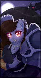 Size: 472x891 | Tagged: semi-grimdark, artist:clefficia, derpibooru import, oc, unofficial characters only, bat, bat pony, pony, vampire, bat pony oc, blood, clothes, commission, fangs, female, glowing eyes, looking at you, mare, moon, night, slit eyes, smiling, solo, ych result