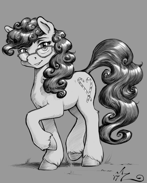 Size: 800x1000 | Tagged: safe, artist:amarynceus, deleted from derpibooru, derpibooru import, twist, earth pony, pony, ear fluff, female, glasses, gray background, grayscale, looking at you, mare, monochrome, older, raised hoof, simple background, smiling, solo, unshorn fetlocks