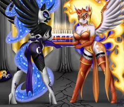 Size: 2900x2500 | Tagged: alicorn, anthro, artist:metalbladepegasus, ass, boots, breasts, busty daybreaker, busty nightmare moon, cake, clothes, commission, daybreaker, derpibooru import, desktop background, discord, erect nipples, evening gloves, female, food, gloves, helmet, high heel boots, leotard, long gloves, mare, nightmare moon, nipples, nudity, pillow, sexy, shoes, sisters, slit eyes, smiling, socks, stockings, stupid sexy nightmare moon, suggestive, thigh highs, unguligrade anthro, wallpaper