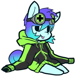 Size: 1558x1555 | Tagged: safe, artist:neoncel, derpibooru import, oc, oc:raven mcchippy, unofficial characters only, earth pony, pony, :p, chibi, clothes, goggles, hoodie, simple background, solo, tongue out, transparent background