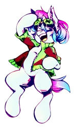 Size: 638x1074 | Tagged: safe, artist:anonymous, derpibooru import, oc, oc:raven mcchippy, unofficial characters only, earth pony, pony, clothes, goggles, hoodie, solo