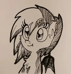 Size: 1401x1448 | Tagged: safe, artist:tjpones, derpibooru import, oc, unofficial characters only, bat pony, pony, black and white, bust, chest fluff, ear fluff, fangs, grayscale, inktober, monochrome, solo, traditional art