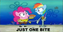 Size: 1024x524 | Tagged: safe, derpibooru import, edit, edited screencap, screencap, pinkie pie, rainbow dash, secrets and pies, cuffs, eat my pie, handcuffed, image, just one bite, low quality, meme, photoshop, png, spongebob squarepants, spongebob squarepants (character), squidward tentacles
