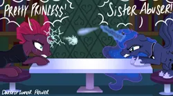 Size: 6201x3445 | Tagged: safe, artist:darkest-lunar-flower, derpibooru import, princess luna, tempest shadow, alicorn, pony, unicorn, my little pony: the movie, angry, clothes, female, fight, irony, magic, mare, pretty pony, pretty pretty tempest, scowl