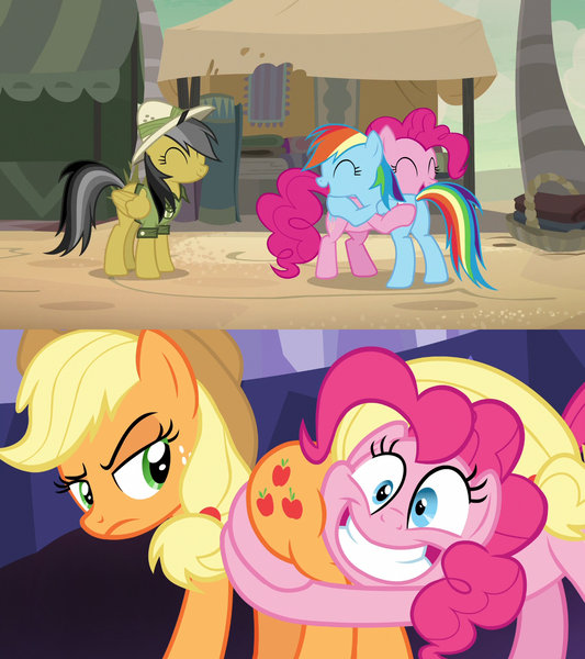 Size: 1280x1440 | Tagged: applejack, butthug, butt touch, daring do, daring done?, derpibooru, derpibooru import, edit, edited screencap, hoof on butt, hug, juxtaposition, meta, pinkie hugging applejack's butt, pinkie pie, plot, rainbow dash, safe, screencap, shadow play