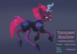 Size: 1280x905 | Tagged: safe, artist:feekteev, artist:hollybright, derpibooru import, tempest shadow, pony, unicorn, my little pony: the movie, armor, broken horn, collaboration, eye scar, female, horn, looking back, mare, scar, solo, sparking horn