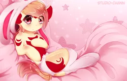Size: 1000x642 | Tagged: suggestive, artist:little-sketches, derpibooru import, oc, oc:kibou, unofficial characters only, earth pony, pony, blushing, bunny ears, clothes, cute, female, hat, looking at you, mare, panties, solo, solo female, underwear, white panties, white underwear