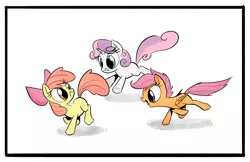 Size: 4119x2664 | Tagged: safe, anonymous artist, derpibooru import, apple bloom, scootaloo, sweetie belle, earth pony, pegasus, pony, unicorn, /mlp/, 4chan, adorabloom, bow, colored, cute, cutealoo, cutie mark crusaders, diasweetes, drawthread, hair bow, happy, running, simple background, trio