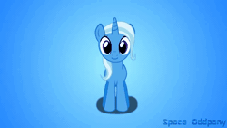 Size: 640x360 | Tagged: safe, artist:spaceoddpony, derpibooru import, trixie, pony, unicorn, animated, dancing, female, gif, gradient background, grin, looking at you, mare, missing accessory, signature, smiling, solo, standing
