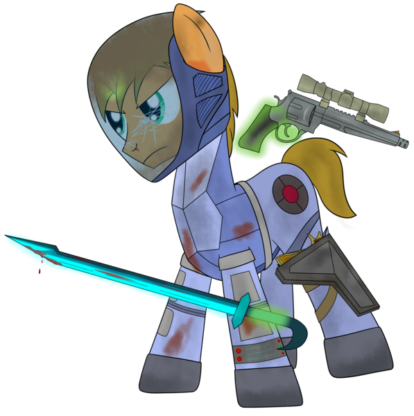 Size: 1681x1690 | Tagged: semi-grimdark, artist:cloudy95, derpibooru import, oc, oc:ryder, unofficial characters only, pony, unicorn, armor, blood, borderlands 2, gun, handgun, holster, magic, male, pistol, simple background, solo, stallion, sword, transparent background, weapon, zero (borderlands)