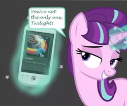 Size: 721x600 | Tagged: safe, artist:grapefruitface1, derpibooru import, starlight glimmer, unicorn, electric light orchestra, glowing horn, grin, magic, mobile phone, parody, parody of a parody, phone, polished, response, smartphone, smiling, solo, song, song reference, spotify, starlight (song), telekinesis
