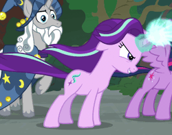 Size: 1042x822 | Tagged: safe, derpibooru import, screencap, star swirl the bearded, starlight glimmer, twilight sparkle, twilight sparkle (alicorn), alicorn, pony, unicorn, shadow play, animated, gif, glowing horn, magic, solo focus