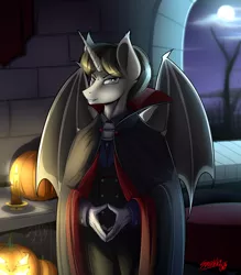 Size: 3500x4000 | Tagged: safe, artist:sparklyon3, derpibooru import, oc, oc:coda, unofficial characters only, anthro, unicorn, vampire, castle, clothes, commission, finished, halloween, halloween costume, hand, holiday, pumpkin, rcf community, suit, ych result