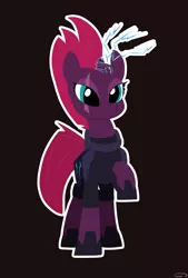 Size: 2362x3496 | Tagged: safe, artist:taurson, derpibooru import, tempest shadow, pony, unicorn, my little pony: the movie, armor, broken horn, brown background, dark background, magic, raised hoof, simple background, solo, sparking horn
