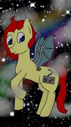 Size: 720x1280 | Tagged: safe, artist:gamer-shy, derpibooru import, oc, oc:gamershy yellowstar, unofficial characters only, bat pony, hybrid, blue eyes, fangs, flying, hooked ears, night, night sky, red mane, sky, underwing feathers, yellow coat