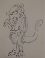 Size: 1977x2529 | Tagged: ankle cuffs, artist:mystic bolt, clothes, cuffs, derpibooru import, dragon, fire, hat, kilt, monochrome, oc, oc:coira, safe, simple background, smiling, snorting, solo, spats, traditional art, unofficial characters only