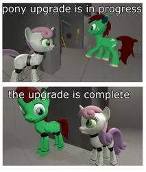 Size: 2000x2348 | Tagged: semi-grimdark, artist:mrdoctorderpy, derpibooru import, sweetie belle, oc, oc:northern haste, cyberman, pegasus, pony, robot, robot pony, unicorn, 2 panel comic, 3d, blank flank, comic, cutie mark, dialogue, doctor who, female, filly, foal, hooves, horn, mind control, roboticization, saw, source filmmaker, sweetie bot, syringe, text, upgrade, wings