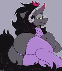 Size: 1300x1500 | Tagged: suggestive, artist:skoon, derpibooru import, king sombra, pony, unicorn, bedroom eyes, clothes, female, floppy ears, gray background, looking at you, mare, panties, plot, queen umbra, rule 63, simple background, smiling, solo, solo female, stupid sexy umbra, thong, underwear