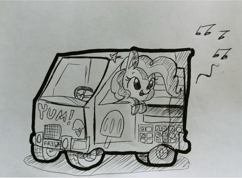 Size: 1300x958 | Tagged: safe, artist:tjpones, derpibooru import, pinkie pie, earth pony, pony, black and white, car, ear fluff, food, grayscale, ice cream, ice cream truck, inktober, monochrome, music notes, solo, traditional art, truck