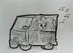 Size: 1300x958 | Tagged: safe, artist:tjpones, derpibooru import, pinkie pie, earth pony, pony, black and white, car, ear fluff, food, grayscale, ice cream, ice cream truck, inktober, monochrome, music notes, solo, traditional art, truck