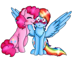 Size: 1550x1250 | Tagged: safe, artist:raelin11, derpibooru import, pinkie pie, rainbow dash, earth pony, pegasus, pony, blushing, chest fluff, eyes closed, female, lesbian, licking, mare, pinkiedash, shipping, simple background, spread wings, tongue out, transparent background, wings