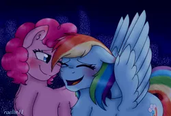 Size: 1990x1350 | Tagged: safe, artist:raelin11, derpibooru import, pinkie pie, rainbow dash, earth pony, pegasus, pony, blushing, chest fluff, eyes closed, female, laughing, lesbian, mare, open mouth, pinkiedash, shipping, smiling