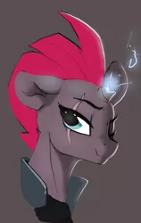 Size: 989x1564 | Tagged: safe, artist:dimfann, derpibooru import, tempest shadow, pony, unicorn, my little pony: the movie, broken horn, bust, eye scar, female, gray background, magic, mare, one eye closed, scar, simple background, smiling, solo, sparking horn, wink