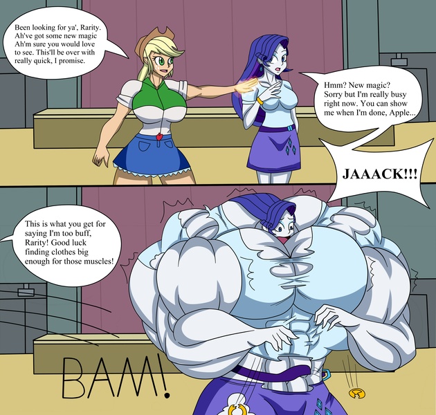 Size: 4096x3900 | Tagged: suggestive, artist:nokozeze, derpibooru import, applejack, rarity, comic:applejack's new magic, equestria girls, 2 panel comic, breasts, buff breasts, busty applejack, busty rarity, comic, dialogue, fetish, muscle fetish, muscle growth, muscles, overdeveloped muscles, ripped rarity, speech bubble