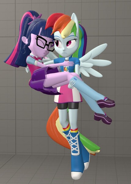 Size: 772x1080 | Tagged: safe, artist:ponytaku, derpibooru import, rainbow dash, sci-twi, twilight sparkle, equestria girls, 3d, bridal carry, female, lesbian, ponied up, scitwidash, shipping, source filmmaker, twidash