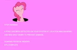 Size: 1600x1041 | Tagged: safe, derpibooru import, pinkie pie, earth pony, pony, blue screen of death, breaking the fourth wall, error message, fourth wall, pink background, pink screen of death, simple background, solo