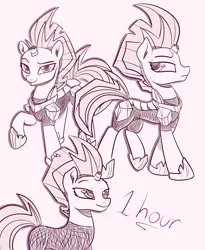 Size: 2300x2800 | Tagged: safe, artist:katakiuchi4u, derpibooru import, tempest shadow, pony, unicorn, my little pony: the movie, armor, broken horn, eye scar, female, looking at you, mare, monochrome, raised hoof, scar, sketch, smiling, solo