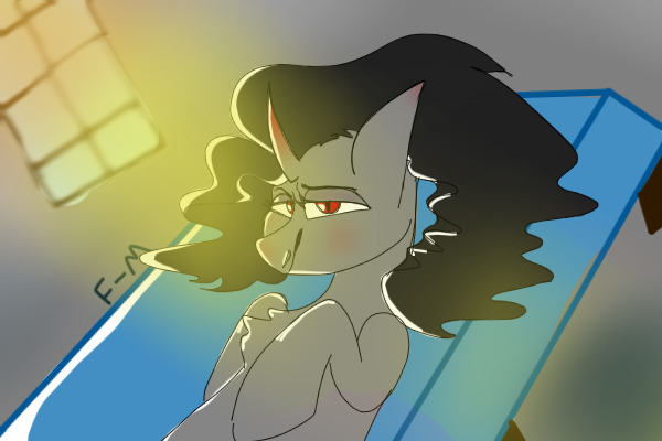 Size: 600x400 | Tagged: artist:sodadoodle, bed, bedroom eyes, blushing, cheap background, chest fluff, derpibooru import, king sombra, looking at you, lying down, on back, queen umbra, rule 63, safe, sun ray, window