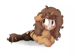 Size: 1889x1346 | Tagged: suggestive, alternate version, artist:pucksterv, derpibooru import, oc, oc:rosco, unofficial characters only, classical unicorn, pony, unicorn, adorasexy, blushing, clothes, cloven hooves, commission, cute, female, floppy ears, freckles, garter belt, leonine tail, mare, sexy, simple background, smiling, solo, solo female, unshorn fetlocks, white background