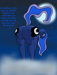 Size: 1536x2048 | Tagged: anthro, artist:boman100, ass worship, bedroom eyes, bending, both cutie marks, cloud, cutie mark, derpibooru import, female, kiss my ass, large butt, moon, moonbutt, night, plot, praise the moon, presenting, princess luna, remake, royalty, solo, solo female, suggestive, the ass was fat, unguligrade anthro