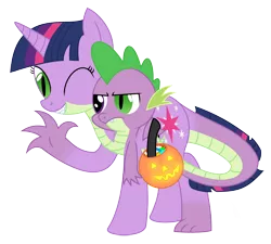 Size: 2376x2140 | Tagged: safe, artist:mlpconjoinment, derpibooru import, spike, twilight sparkle, dragon, pony, unicorn, conjoined, fusion, halloween, holiday, multiple heads, nightmare night, one eye closed, simple background, transparent background, two heads, we have become one, what has magic done, wink
