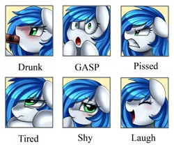Size: 2349x1978 | Tagged: safe, artist:pridark, derpibooru import, oc, oc:stormpone, unofficial characters only, pegasus, pony, alcohol, angry, blushing, cute, drunk, facial expressions, female, gasp, laughing, mare, shy, tired