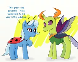 Size: 1250x1000 | Tagged: safe, artist:eulicious, derpibooru import, thorax, trixie, changedling, changeling, ladybug, pony, unicorn, clothes, costume, dialogue, female, king thorax, male, mare, shipping, simple background, straight, thoraxie