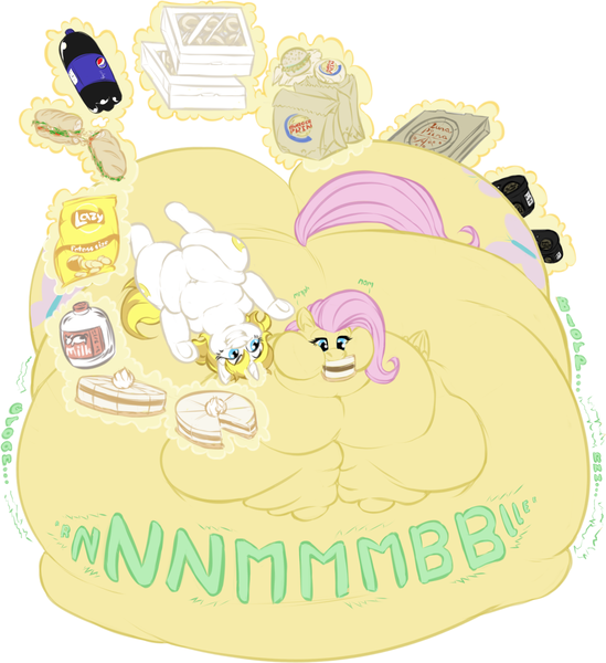 Size: 1290x1411 | Tagged: suggestive, artist:gabrielcoroum, derpibooru import, part of a set, fluttershy, oc, oc:white heart, pegasus, pony, unicorn, belly, belly bed, bingo wings, blob, burger, burger king, cake, canon x oc, chips, chubby cheeks, commission, donut, double chin, eating, fat, fattershy, feedee, feedeeshy, feeder, feeding, female, flabby chest, food, half r63 shipping, hay burger, huge butt, ice cream, immobile, impossibly large belly, impossibly large butt, large butt, lying down, magic, morbidly obese, neck roll, nom, obese, part of a series, pepsi, pizza, pizza box, rolls of fat, rule 63, sandwich, shipping, soda, stomach noise, telekinesis, weight gain sequence, whiteshy