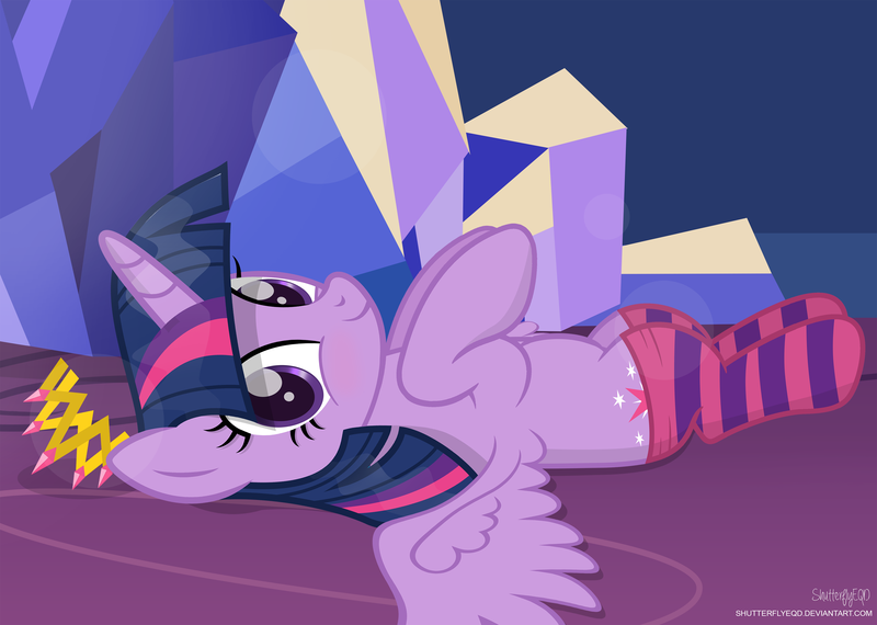 Size: 3038x2165 | Tagged: safe, artist:shutterflyeqd, derpibooru import, twilight sparkle, twilight sparkle (alicorn), alicorn, pony, blushing, clothes, crown, crystal, cute, jewelry, lying, new crown, on back, regalia, smiling, socks, solo, striped socks, twiabetes