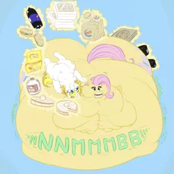 Size: 1440x1440 | Tagged: suggestive, artist:gabrielcoroum, derpibooru import, part of a set, fluttershy, oc, oc:white heart, pegasus, pony, unicorn, abstract background, belly, belly bed, bingo wings, blob, burger, burger king, cake, canon x oc, chips, chubby cheeks, commission, donut, double chin, eating, fat, fattershy, feedee, feedeeshy, feeder, feeding, female, flabby chest, food, half r63 shipping, hay burger, huge butt, ice cream, immobile, impossibly large belly, impossibly large butt, large butt, lying down, lying on top of belly, lying on top of someone, magic, morbidly obese, neck roll, nom, obese, part of a series, pepsi, pizza, pizza box, rolls of fat, rule 63, sandwich, shipping, soda, stomach noise, telekinesis, weight gain sequence, whiteshy