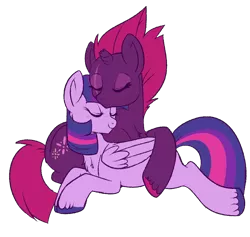 Size: 828x784 | Tagged: safe, artist:lulubell, derpibooru import, fizzlepop berrytwist, tempest shadow, twilight sparkle, twilight sparkle (alicorn), alicorn, pony, unicorn, my little pony: the movie, blushing, cuddling, female, lesbian, romantic, shipping, simple background, snuggling, tempestlight, transparent background