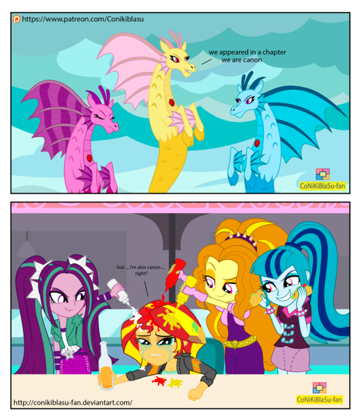 Size: 2220x2577 | Tagged: safe, artist:conikiblasu-fan, derpibooru import, adagio dazzle, aria blaze, sonata dusk, sunset shimmer, siren, equestria girls, shadow play, abuse, bacon hair, bully, bullying, canon, crying, drama, food, high res, ketchup, mayonnaise, mustard, patreon, patreon logo, sauce, shimmerbuse, sonataco, taco, the dazzlings