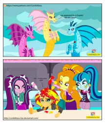 Size: 2220x2577 | Tagged: safe, artist:conikiblasu-fan, derpibooru import, adagio dazzle, aria blaze, sonata dusk, sunset shimmer, siren, equestria girls, shadow play, abuse, bacon hair, bully, bullying, canon, crying, drama, food, high res, ketchup, mayonnaise, mustard, patreon, patreon logo, sauce, shimmerbuse, sonataco, taco, the dazzlings