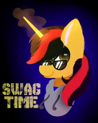 Size: 1189x1489 | Tagged: safe, artist:creadorachan, derpibooru import, oc, oc:silver chaser, unofficial characters only, pony, unicorn, bust, clothes, hoodie, magic, male, portrait, solo, stallion, sunglasses