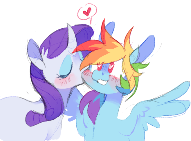 Size: 658x487 | Tagged: safe, artist:xenon, derpibooru import, rainbow dash, rarity, pegasus, pony, unicorn, blushing, eyes closed, female, heart, heart eyes, kiss on the cheek, kissing, lesbian, mare, raridash, shipping, simple background, smiling, spread wings, white background, wingboner, wingding eyes, wings